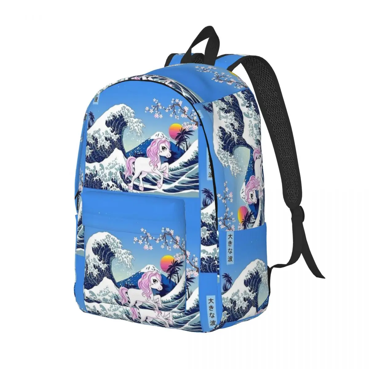 Unicórnio a grande onda kanagawa mochila para homens e mulheres, mochila para estudantes, arte japonesa, laptop, bolsa para computador, moda ao ar livre