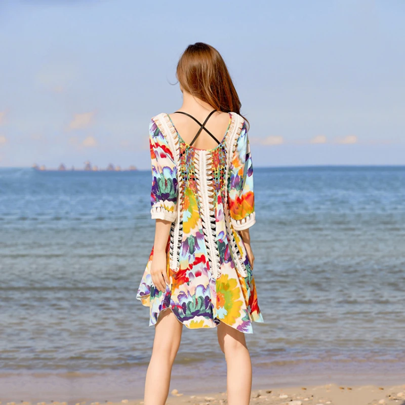 Colourful Print Bikini Cover Ups Women Summer 2023 Beach Dress Patchwork Hollow Out Crochet Wave Hem Loose Long Cape Vestido