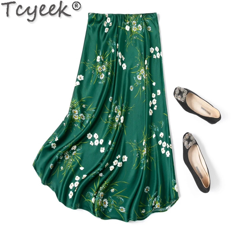 

Tcyeek 93% Mulberry Silk Skirt Womens Clothing Elegant Skirts for Women Spring Summer Floral Midi Skirts Hip Wrap Saia Feminina