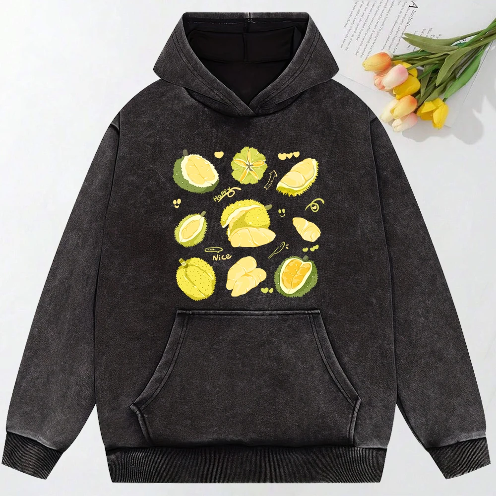 Delicious Durian Happy  Printed Snow Wash Hoodie Hip Hop Oversize Clothes Multicolor Casual Hoodies Oversize Sportswear