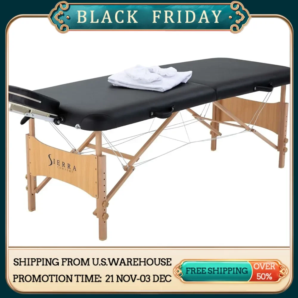 All-Inclusive Portable Massage Table (Black), High Density Foam Deck / Water &Oil Resistant PU Leather Upholstery, free shipping