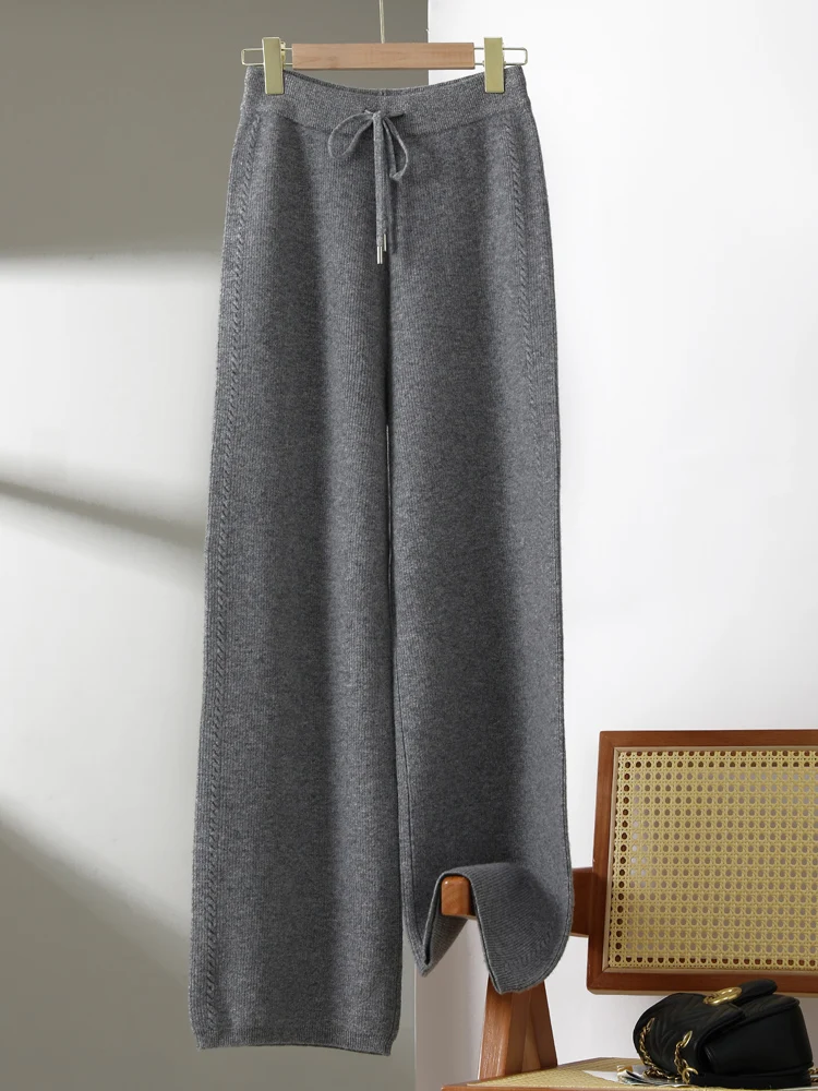 New Chic Women's 100% Merino Wool Knitted Twisted round-knit wide leg Pants Autumn Winter Soft Warm Thick Casual Style Trousers