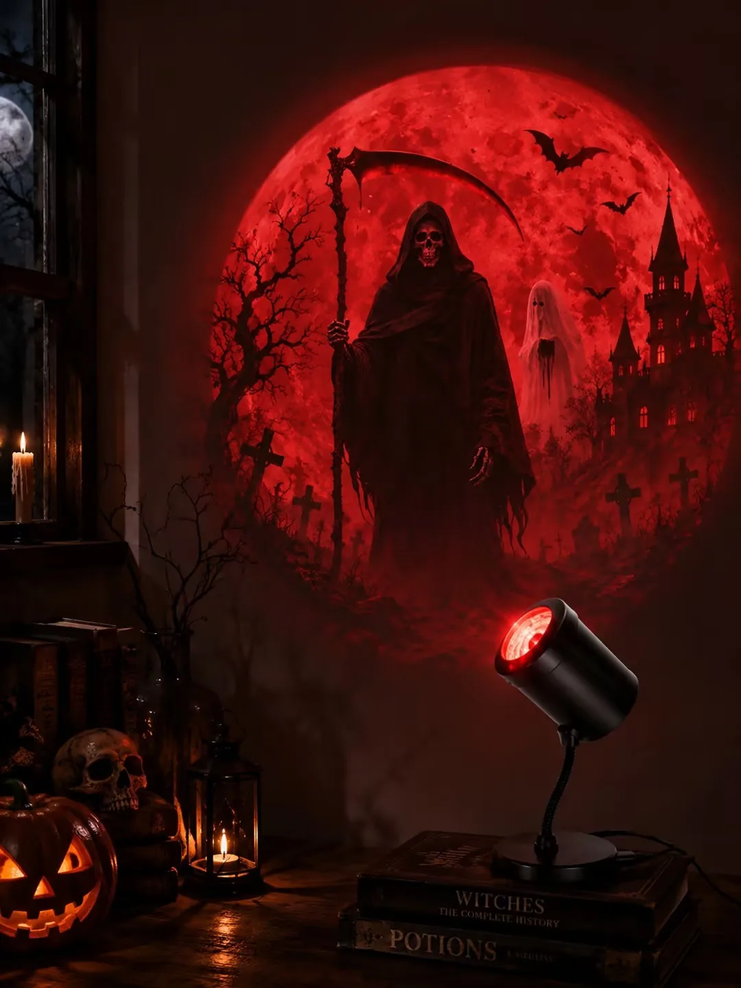 Halloween Decor Projector Lamp USB Powered LED Projection Light with Interchangeable Pattern Slides Adjustable Gooseneck Ambient