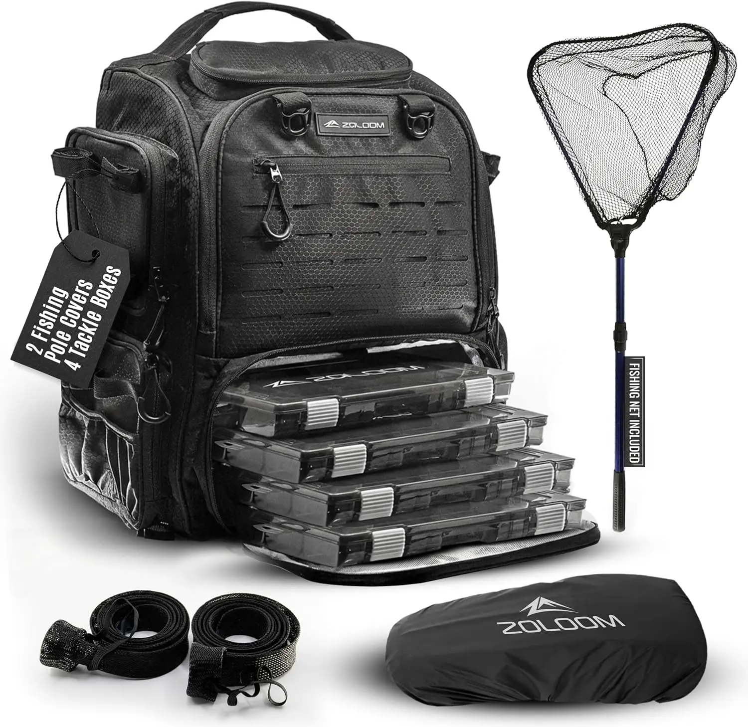 

Waterproof Fishing Backpack with Tackle Boxes, Rod Holder & Foldable Net - 40L Gear Bag for Outdoor Adventures