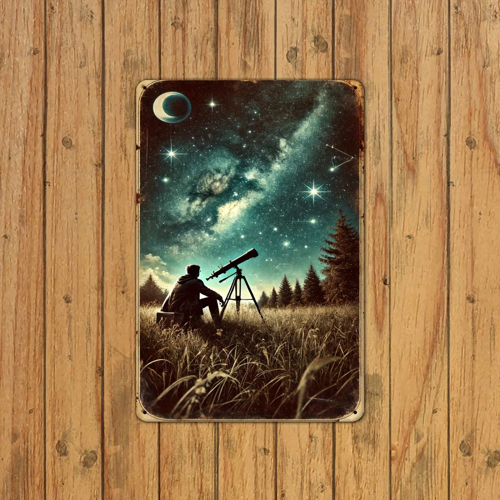 1PC American Lonely Starry Nights Vintage Metal Wall Decor - 8X12 Inch Tintype Oil Painting for Home and Office Decoration