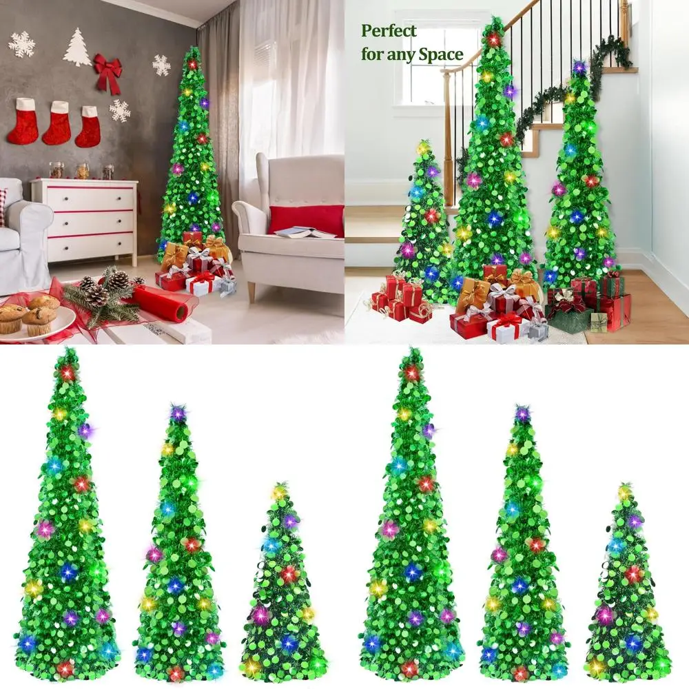 

Рождественские елки с подсветкой и таймером, 3 размера, зеленая складная мишура, простая сборка, идеально подходит для крыльца, квартиры, дома и P.