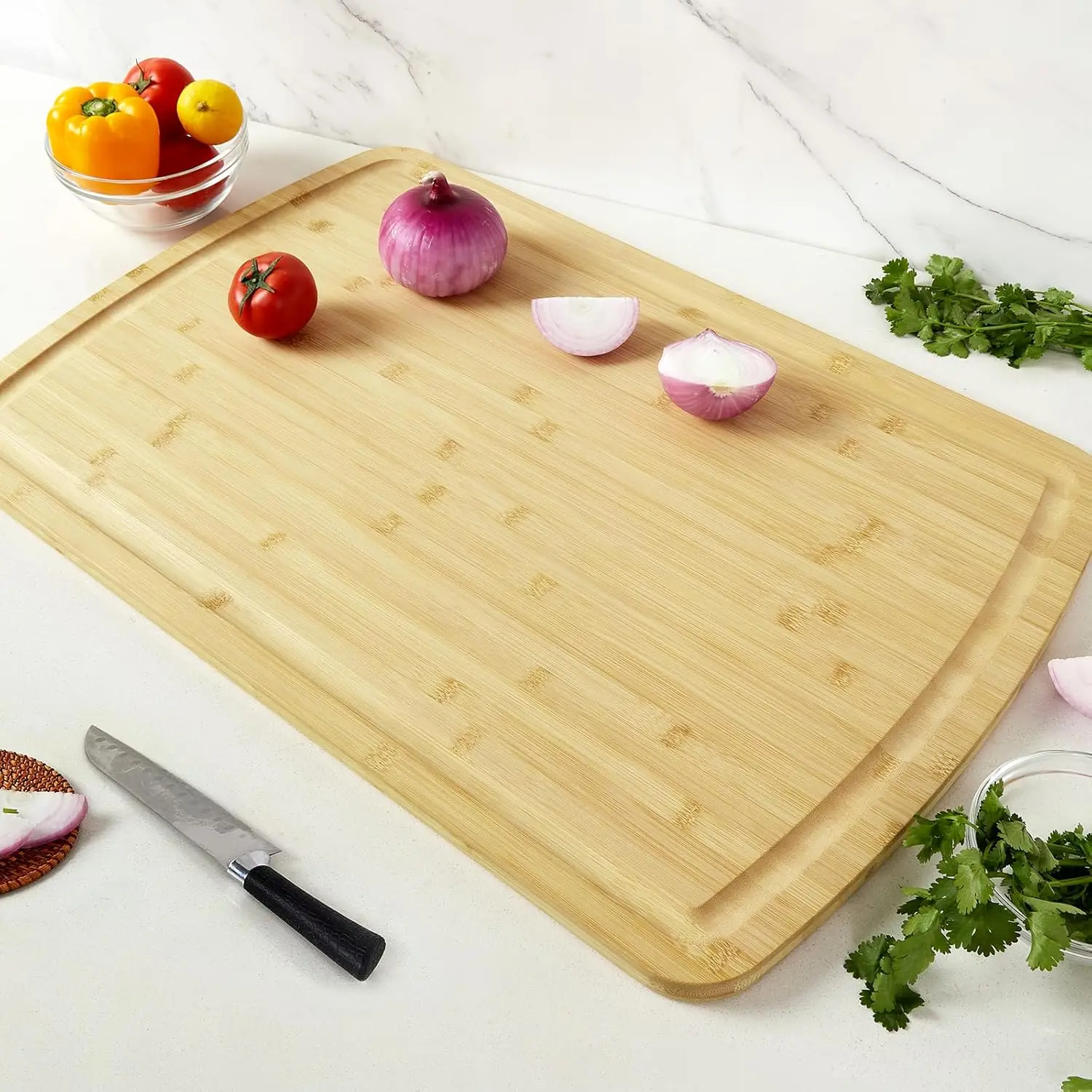 Bamboo Cutting Boards for Kitchen, Extra Large Wood Cutting Board with Deep Juice Groove and Handle Heavy Duty Chopping board, 30" x 20" Knife Friendly Serving Tray with Handles view 2