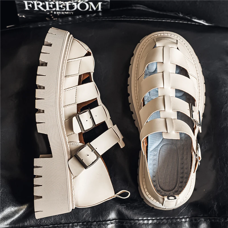 Men's Sandals Hot Men Premium Leather Sandals Stylish Straps Comfortable and Breathable Thick-Soled Roman Leather Sandals