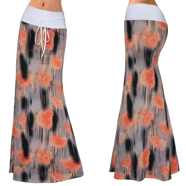 Spring Summer New Fashion High Waist Loose Fragmented Flower Print Casual Elastic High Wrapped Hip Mid Length Dress