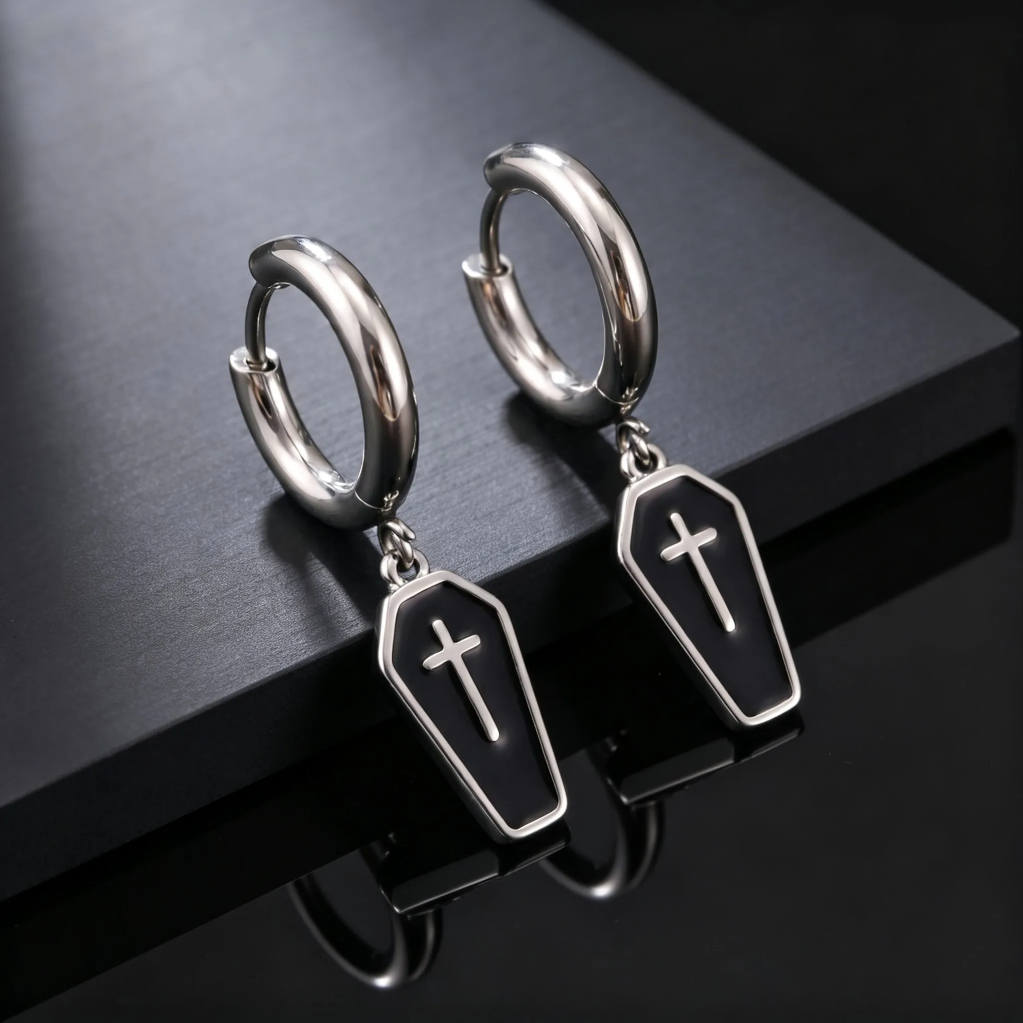 Gothic Coffin Cross Dangle Earrings for Men, Waterproof Stainless Steel Punk Earrings, Unique Fashion Piercing Jewelry Gift