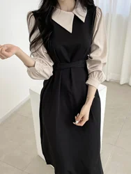 High Waist A-Line Long Dress Women's Fashion Color Block Bubble Sleeve High-End Feeling Spring Autumn Slimming Goddess Style