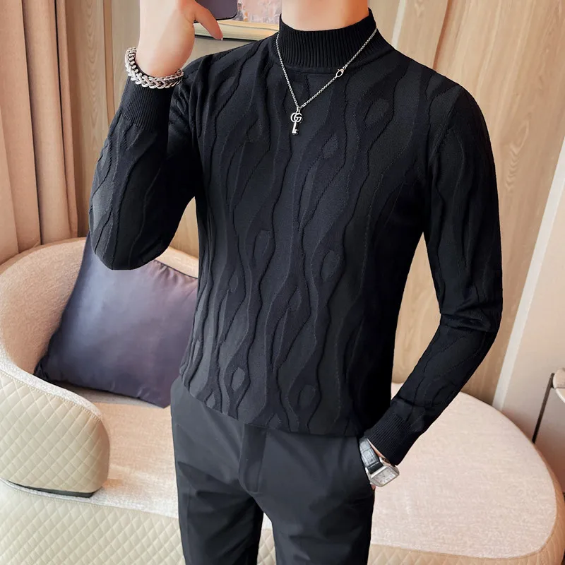 2023 Autumn Winter Jacquard Men Sweater Long Sleeve Slim Fit Half Turtleneck Sweater Fashion Casual Business Knitwear Pullovers