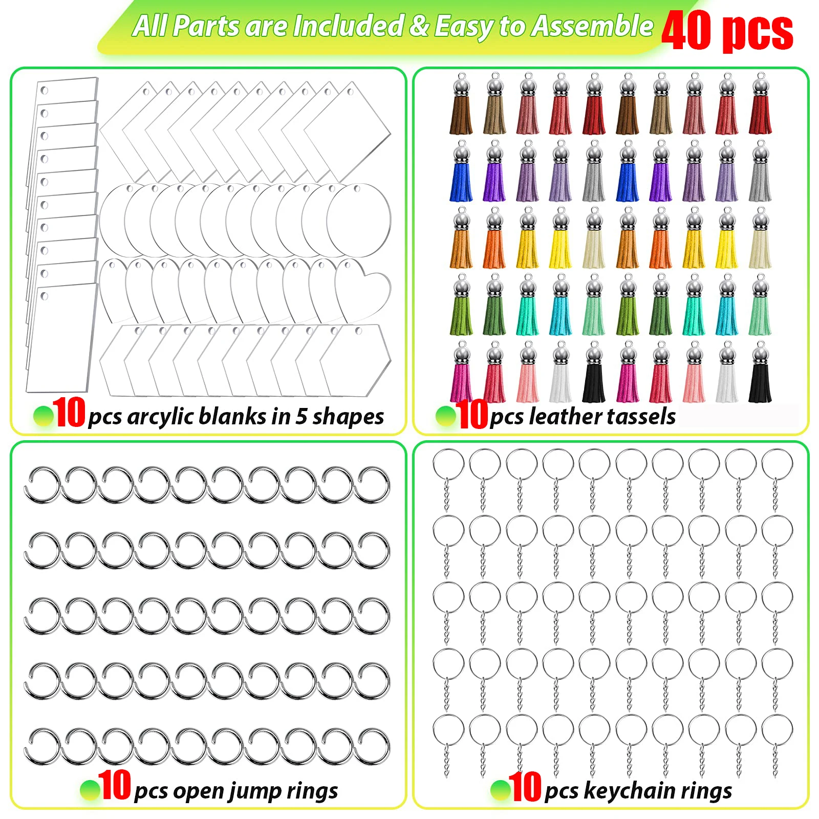 40 Uds llavero acrílico a granel con 5 formas acrílico transparente en blanco dijes de borlas de cuero llaveros anillo de salto para bricolaje