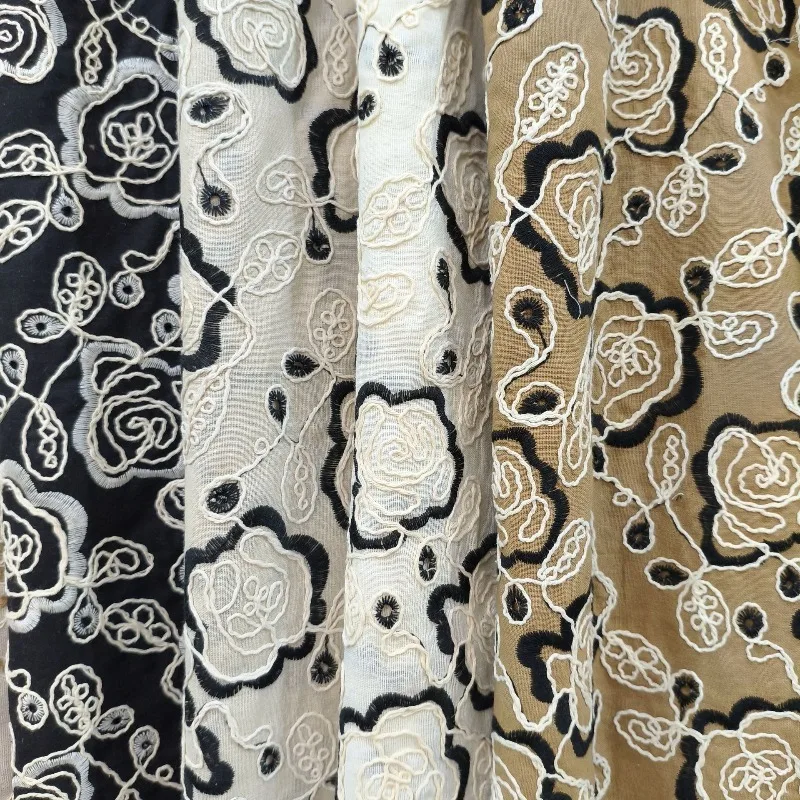 

1meter Embroidered Cotton Linen Fabric Cloud Rose Pattern Country Style for Qipao Vest Curtain Tablecloth Bag DIY Sewing