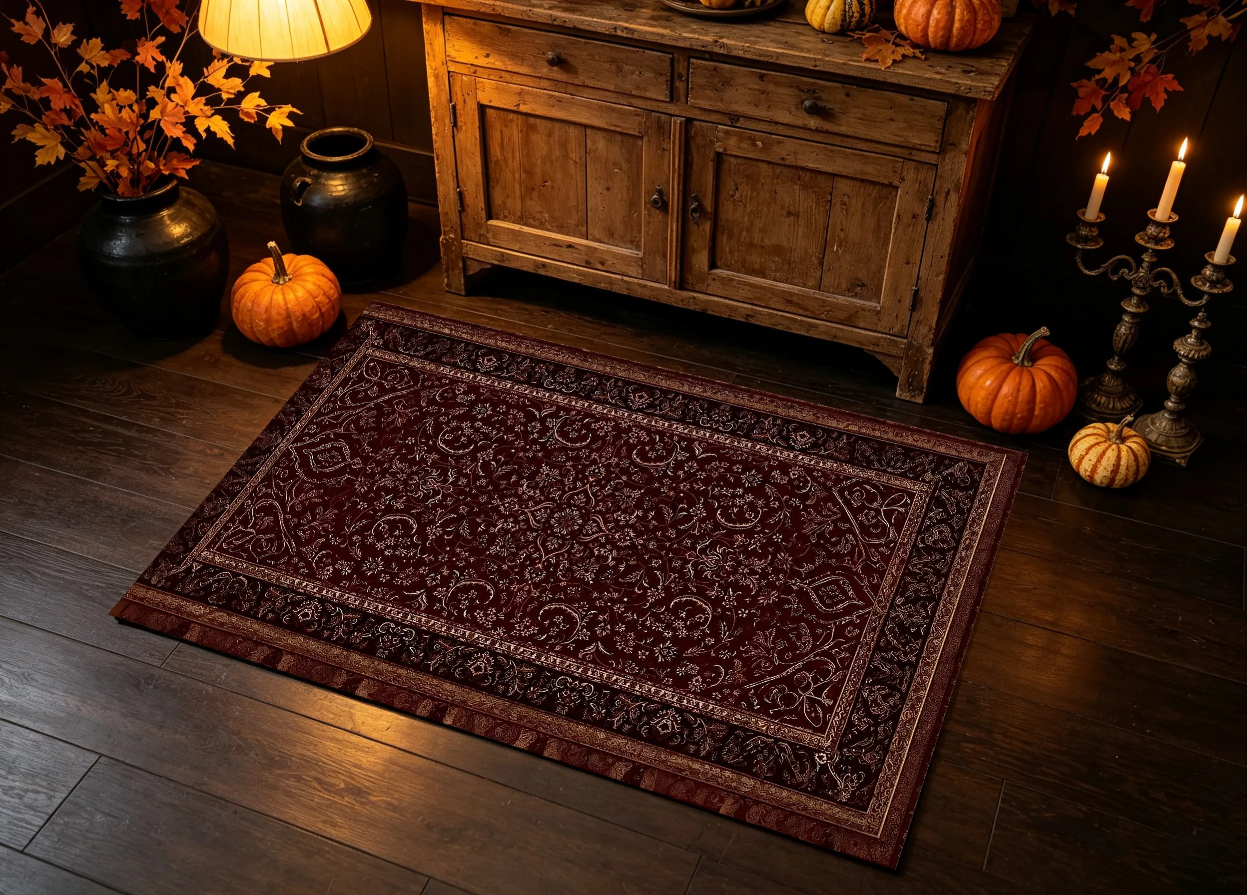 A Reddish-Brown Persian Velvet Rug with Intricate Floral Patterns, Perfect for Christmas and New Year, Adding a Warm Ambiance to the Living Room, Bedroom, or Bedside Area, Creating a Cozy Autumn/Winter Feel