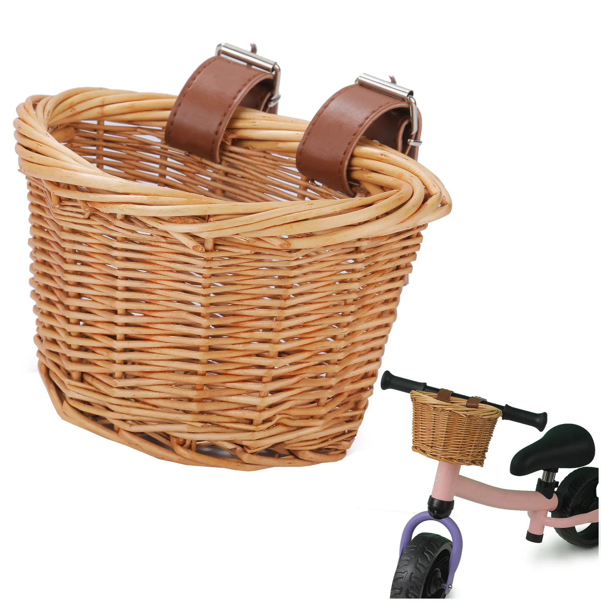 Bicycle Basket Kids Bike Scooter Baskets With 2 Adjustable Leather Straps Handlebar Rattan Bas Durable Handmade Storage Basket