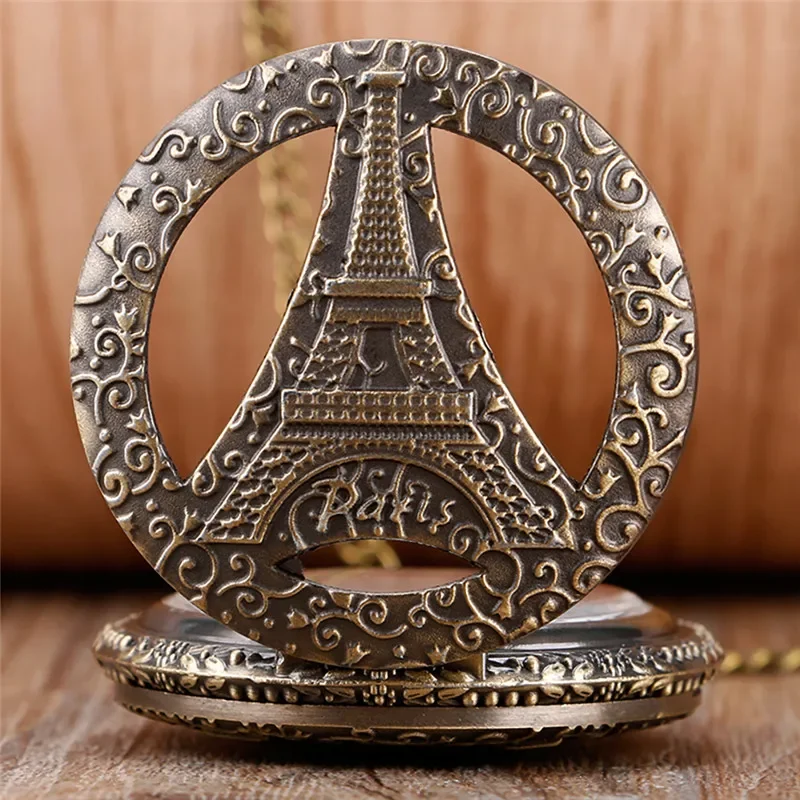 Bronze Hollow Out Eiffel Tower Exquisite Unisex Quartz Pocket Watch Pendant Sweater Chain Souvenir Collection Gift for Men Women