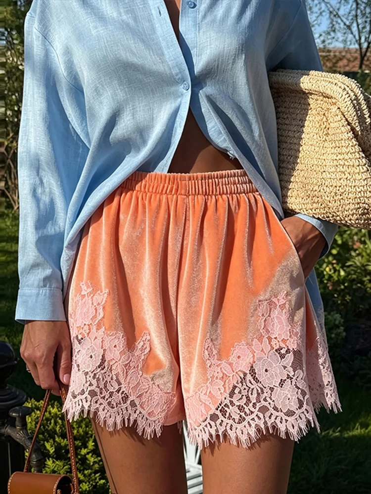 Women's Shorts Velvet Patchwork Lace See Hollow Out Irregular Hem Loose Shorts Charming Female Elastic High Waist Loungewear New