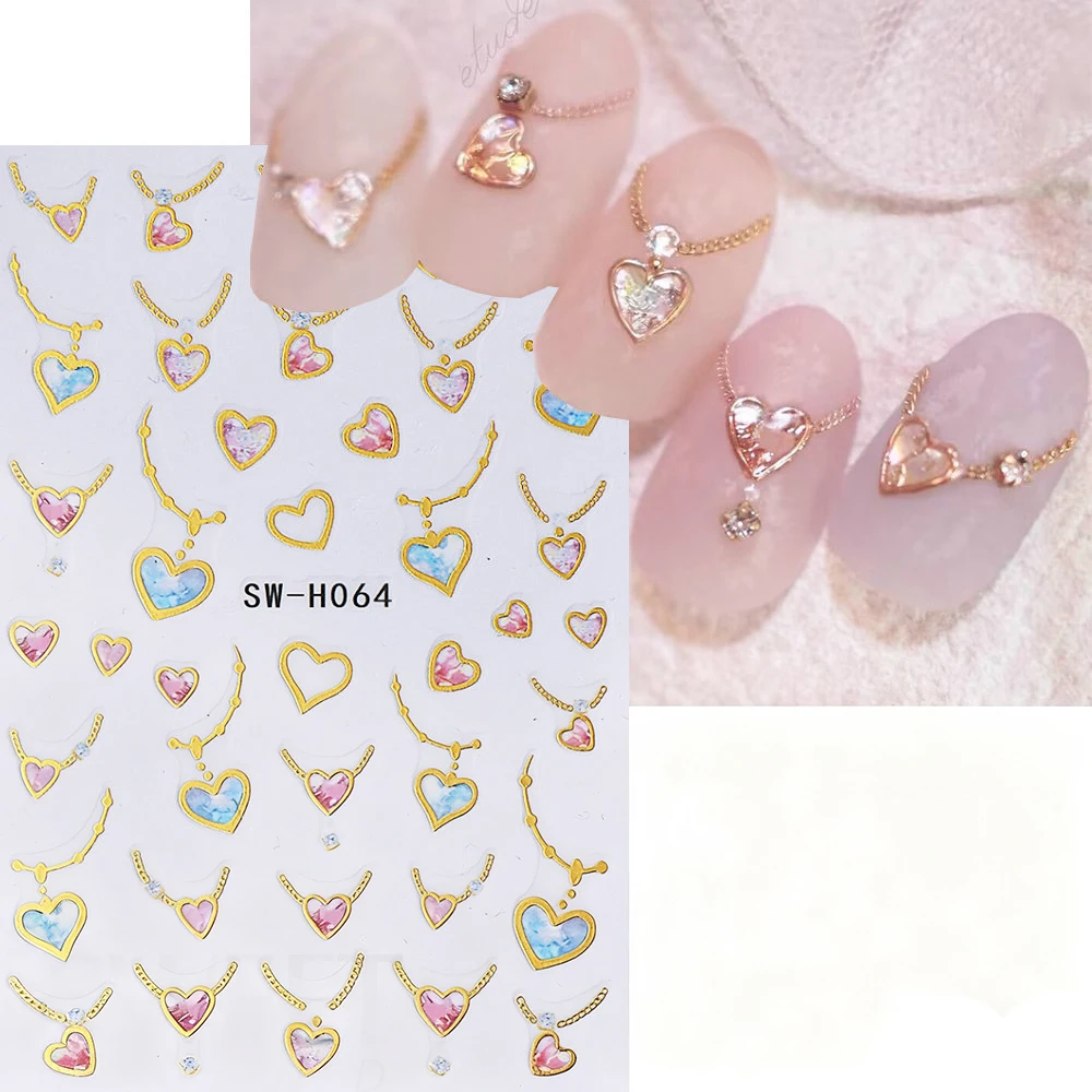 1 Uds. Collar 3D, gemas de corazón de amor, pegatinas para decoración de uñas, líneas doradas francesas, corazón de amor, purpurina, corazón, calcomanías de San Valentín, suministros para uñas