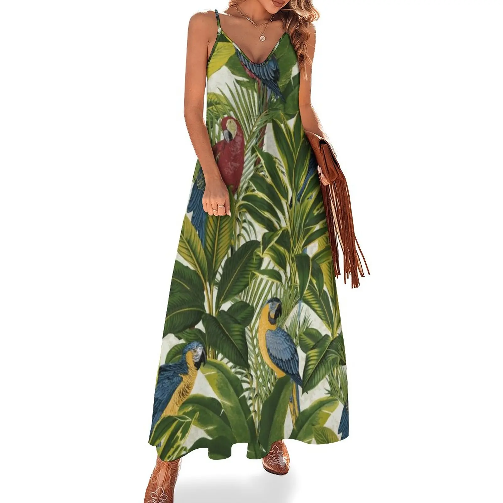 

Jungle Parrot Pattern Sleeveless Dress evening dress ladies dress elegant chic women dresses promotion long dress women