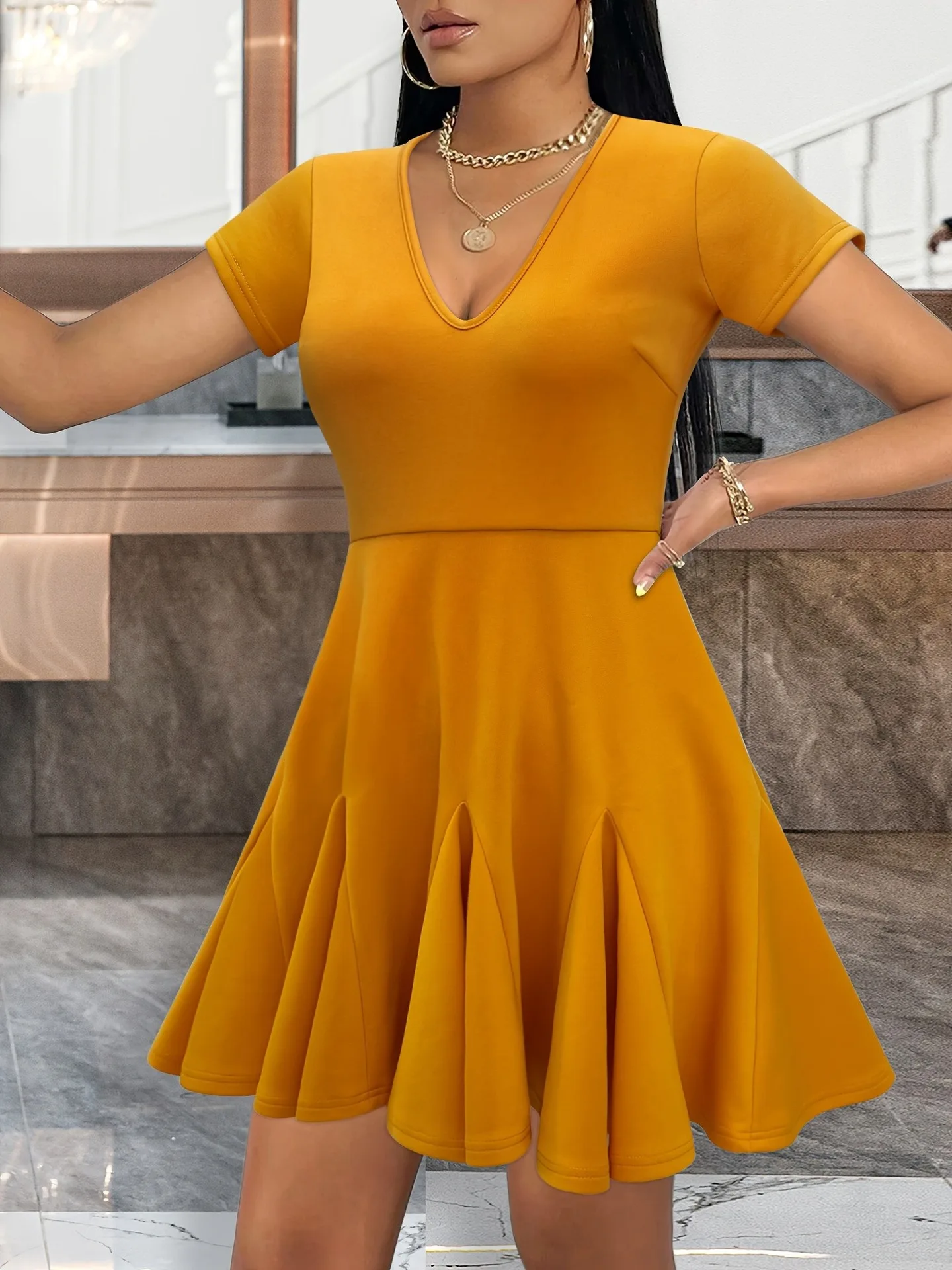 

Summer Elegant V-Neck Slim Fit Umbrella Shaped Design Short Sleeved Dress for Women with Pleated Patchwork Slim Fit A-Line Dress