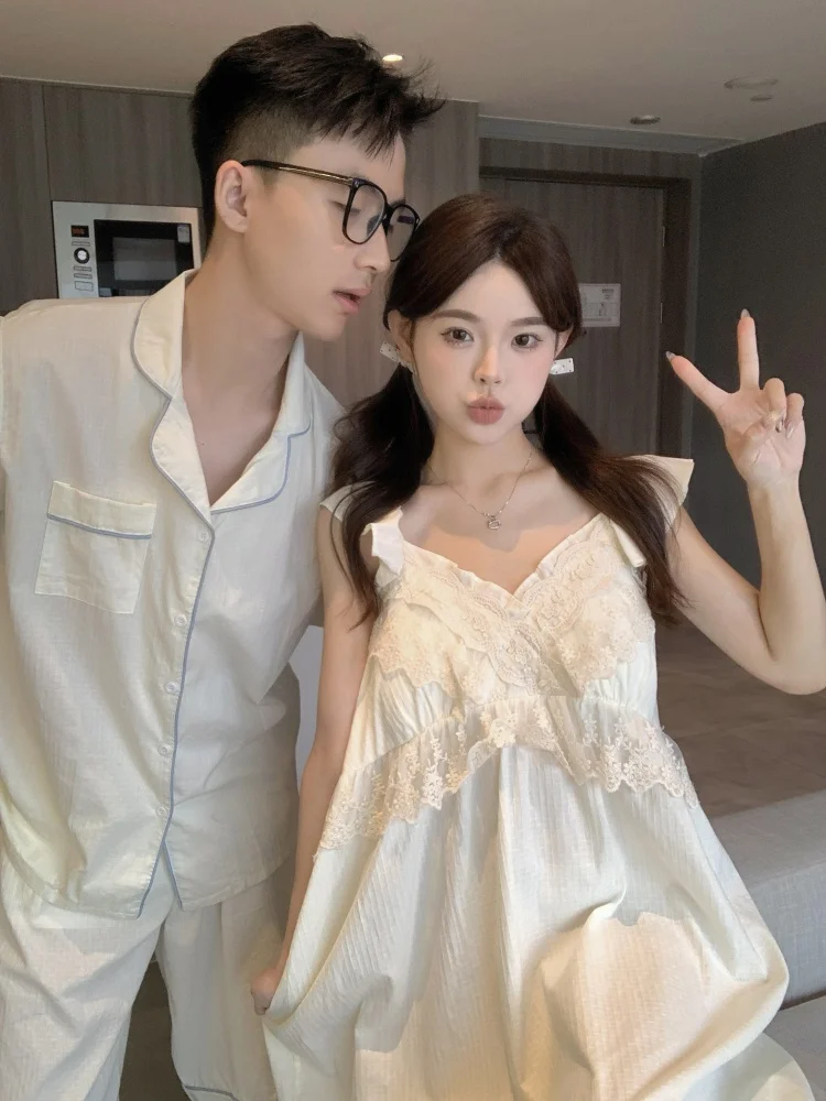 Sweet Girl Palace Style Heavy Lace Padded Cotton Linen Nightdress Strap Couple Pajamas Summer Wearable