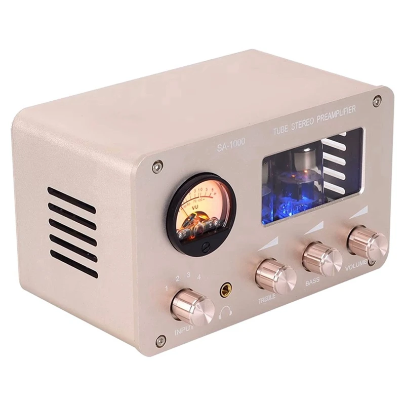 ABGZ-Audiophile Tube 4 Input 2 Output with Built-in VU Level Meter High-Bass Adjustment Headphone Amplifier with US Plug, B