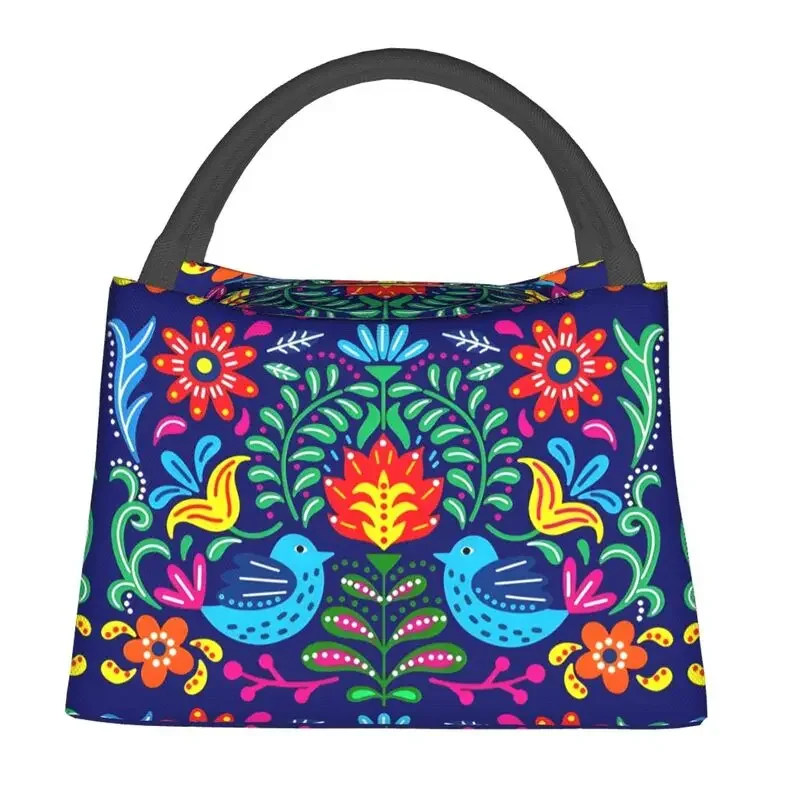 Beautiful Mexican Floral Art Insulated Lunch Bag for Work Office Mexico Resuable Cooler Thermal Lunch Box Women