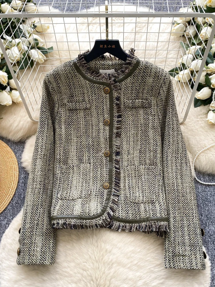 

Small fragrant style light luxury jacket women's spring new fringed edges and tassel design elegant commuting tweed jacket