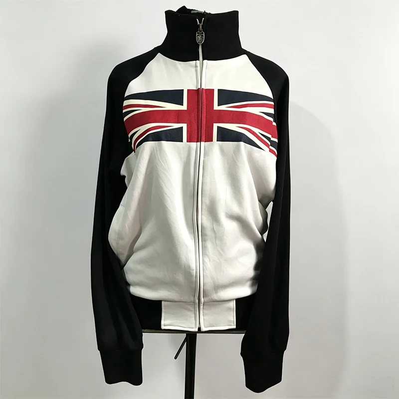 Unisex Color Block Cross Flag Zip Track Jacket with Raglan Sleeve Stand Collar Loose Casual Sport Outerwear