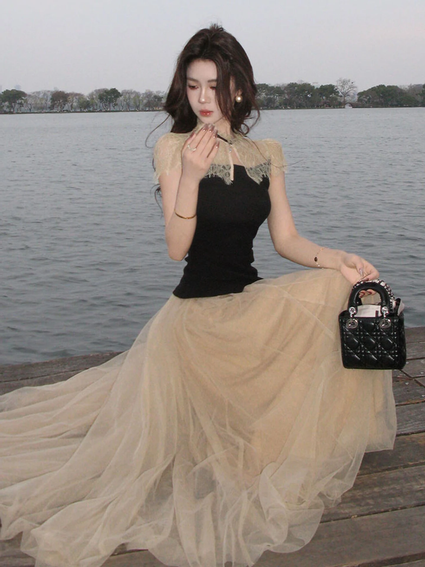 

New Chinese Style Lace Splice Half Skirt Set Women's Summer 2026 High Waist Draping Netting Skirt Ensemble Fashionable Suit