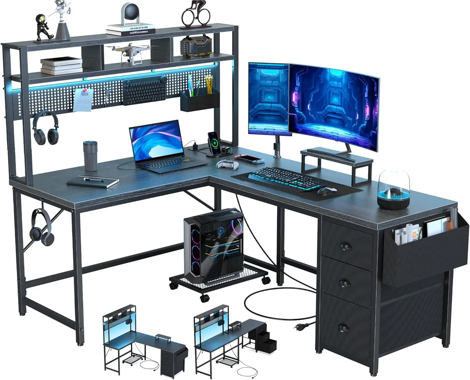 Shelves Large L Shaped Desk with Drawers, Gaming Desk with Power Outlet & LED & Monitor Stand & Mobile CPU Stand, Corner Deck fo