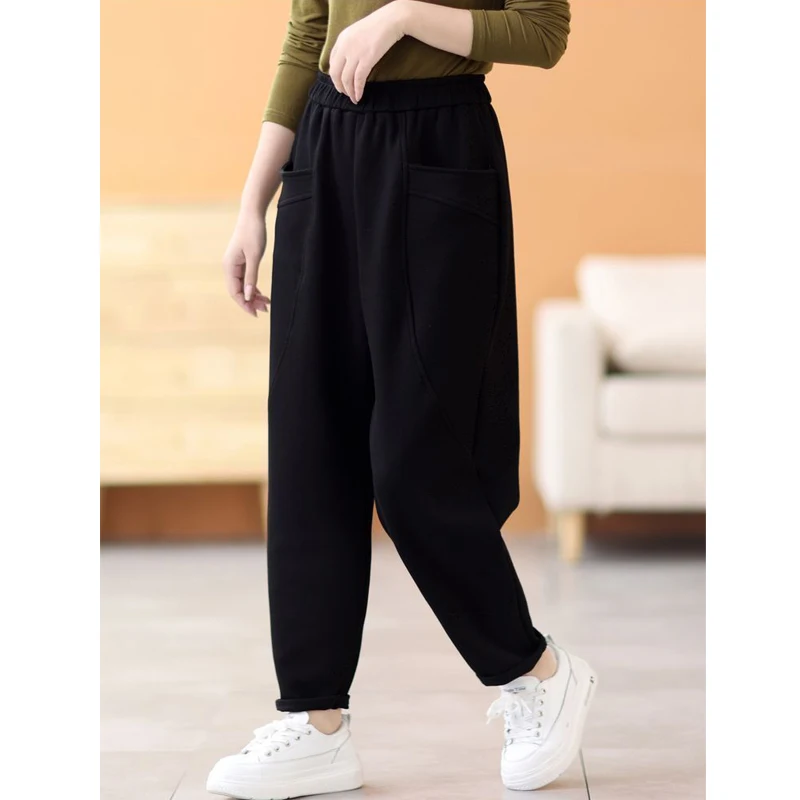 Winter Women Casual Streetwear Vintage Harajuku Fleece Warm Baggy Harem Pants Y2K Female Solid Pockets Loose Sweatpants Pantalon