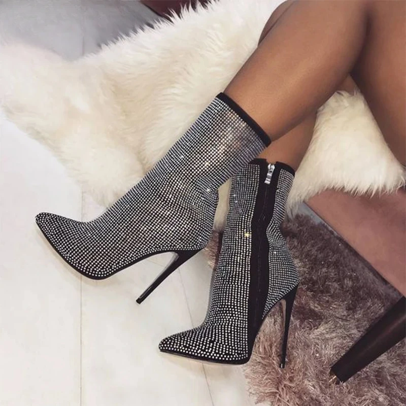 

2025 New Spring Banquet Sexy Shiny Crystal Rhinestones Women's Ankle Boots High Heels Nightclub Modern Booties For Females Shoes