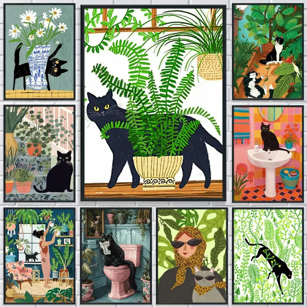 

Green Plants Black Cat Poster HD Print Personalized Canvas Wall Mural Art Photos for Living Room Home Decor Durable