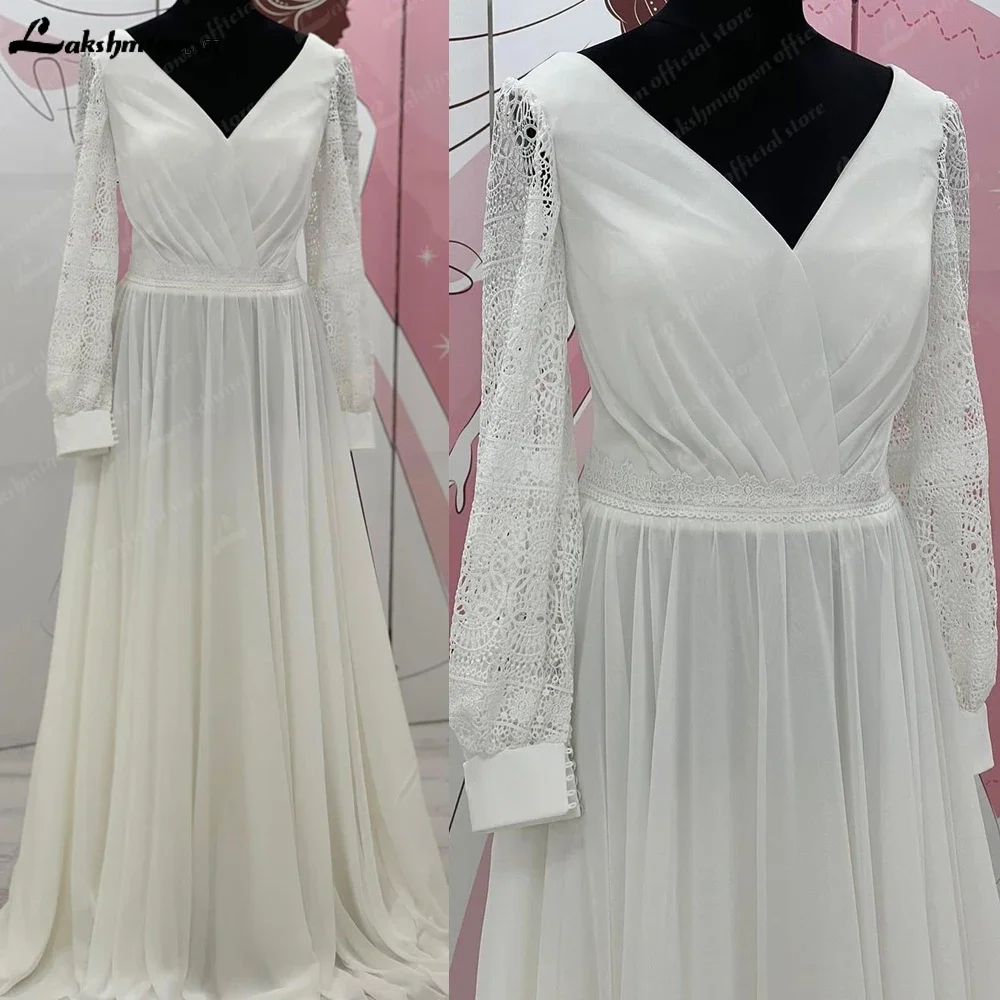 

Lakshmigown Bohemian Wedding Dress 2025 Boho Long Puff Sleeve Chiffon Lace V Neck Sweep Bridal Gown Customized vestido de noiva