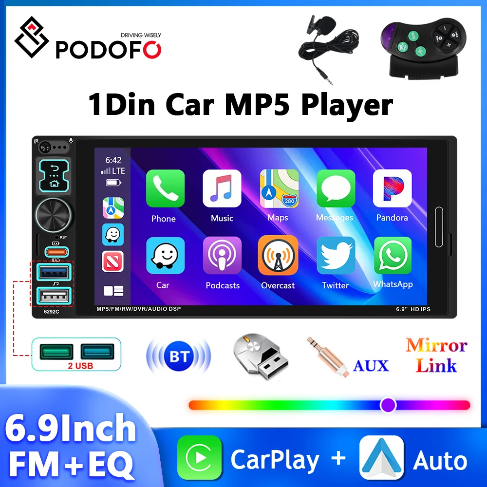 

Podofo 1Din 6,9 "IPS сенсорный экран автомобильный радиоприемник Carplay Android авто мультимедийный плеер Type-C/USB Mirror Link Bluetooth MP5 плеер