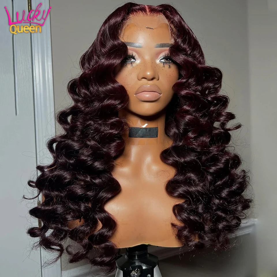 Loose Wave Dark Burgundy 7X5 Glueless #99J 180 Density Pre Plucked Transparent Brazilian 100% Human Hair Wigs 13X6 Lace Frontal view 3