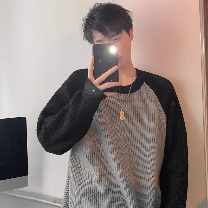 

Men's and Women's Autumn/Winter New Fashion Patchwork Raglan Sleeve Round Neck Sweater Japanese Retro Pullover Base Layer Color