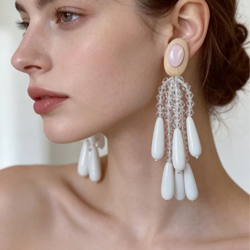 Pendientes colgantes de acrílico con borlas de cristal estilo bohemio chic, flor geométrica rosa, joyería con cuentas para mujeres y niñas, regalo para fiestas y vacaciones