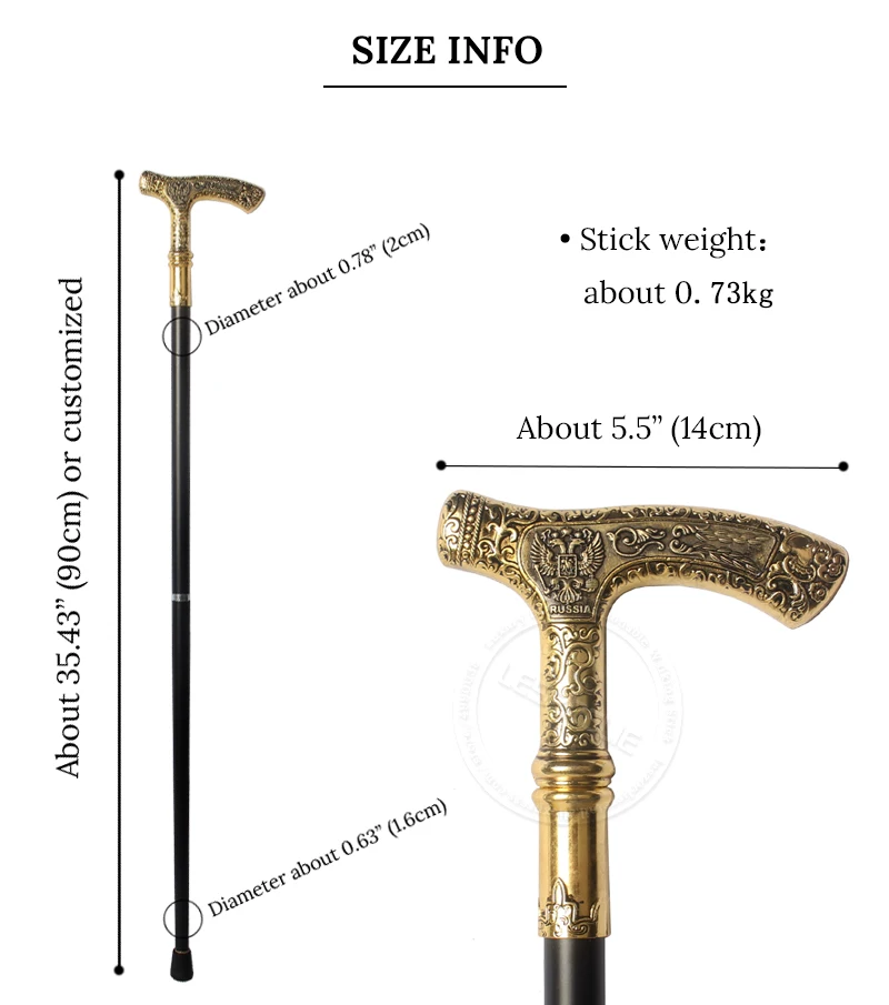 Russian Double Eagle T-Handle Walking Cane Gold & Black Detachable Vintage Style Cosplay Party Prop for Men And Women