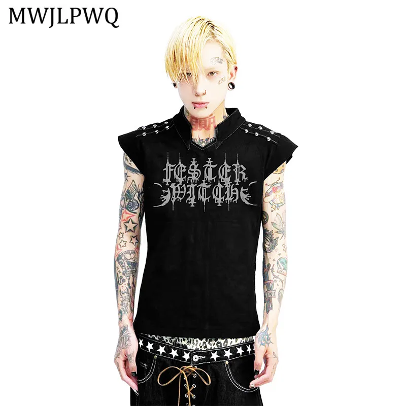 

MWJLPWQ Dark Niche Rivet Punk Design T-shirts Male Street Printed Deconstructed Short Vest Sleeveless Punk Slimming Tops 11361