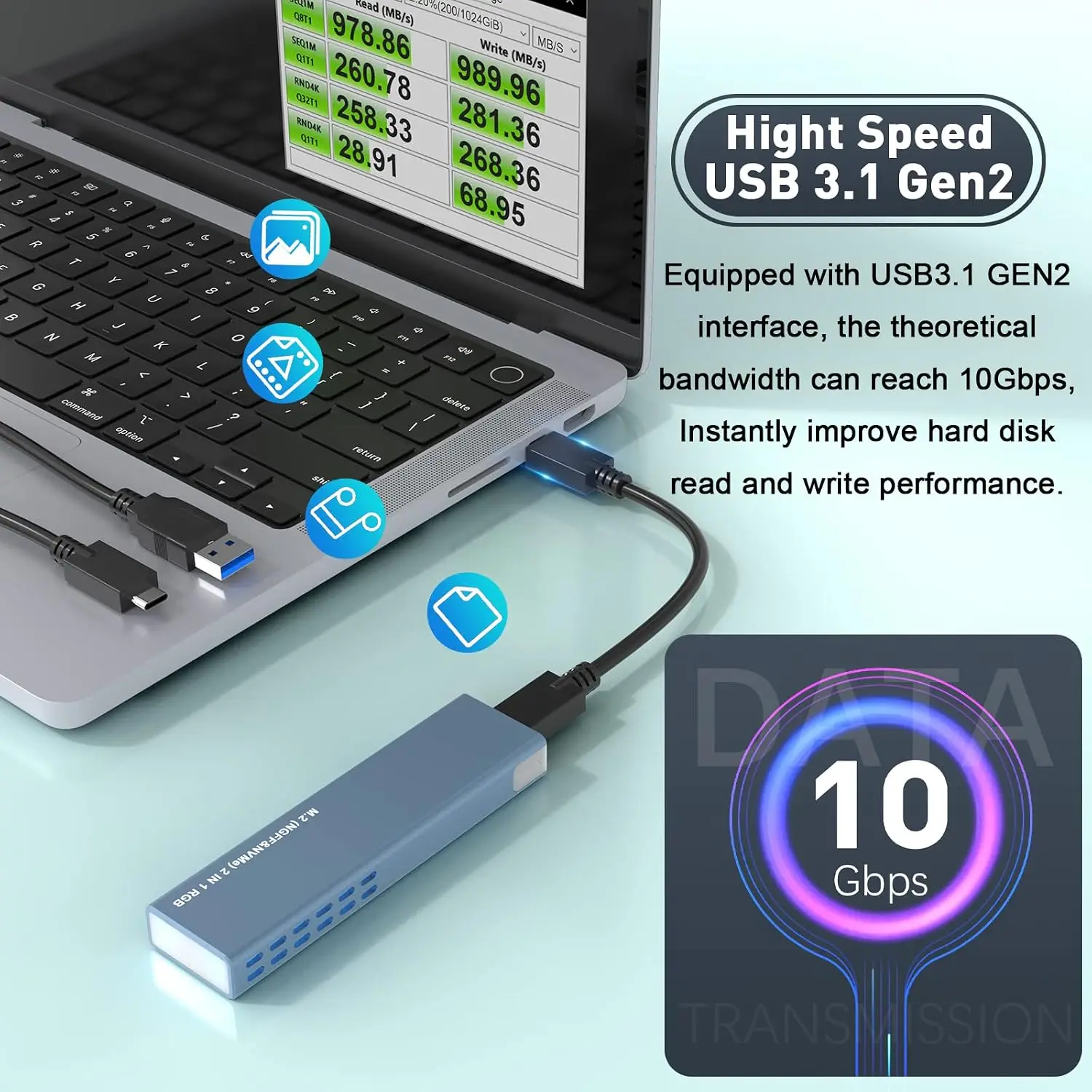 M.2 NVMe and SATA SSD Enclosure Tool-Free,10Gbps USB 3.1 Gen2 Aluminum RGB NGFF Supports M and B&M Keys(with USB C&USB A Cables)