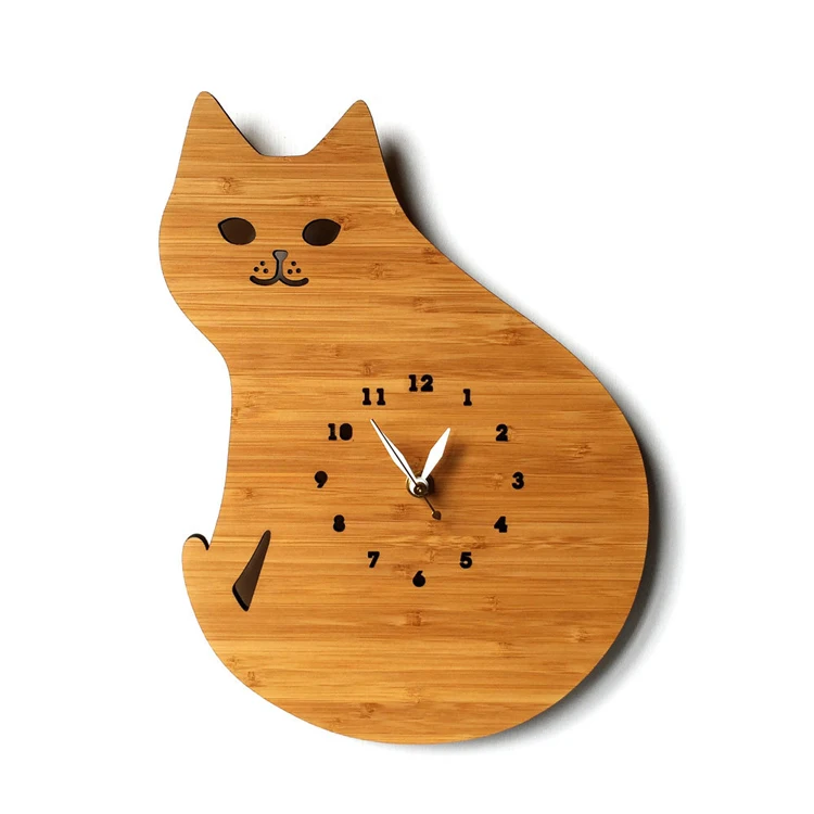 Cute Kitten Bamboo Wall Clock - Quartz Movement, Creative Design for Children's Bedroom & Home Decoration