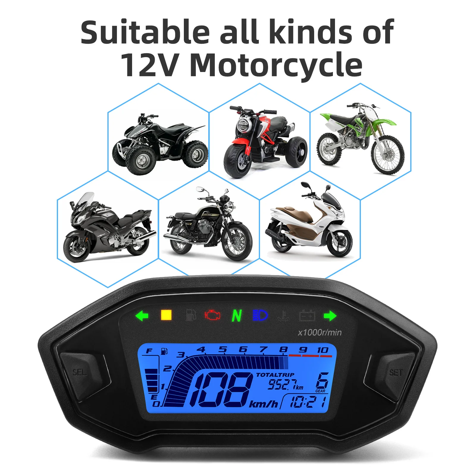 7 Color Light 0~10000 RPM Tachometer Motorcycle Instrument Dashboard Digital Speedometer for 1 2 4 Cylinder Universal Motor 12V