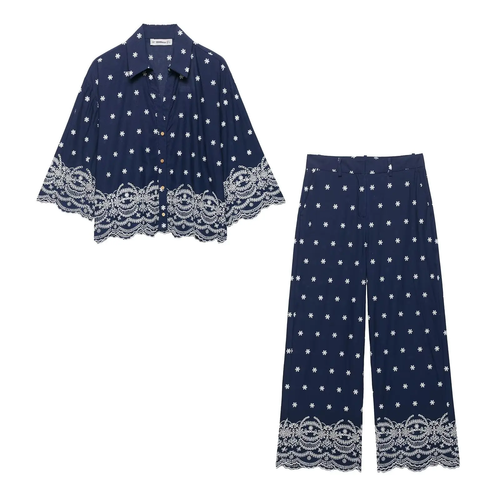 

Wide Leg Pant Sets 2 Pieces Set For Woman Outfits 2025 Fashion Embroidery Shirt Women's Suit Trousers Two Pieces Set Women