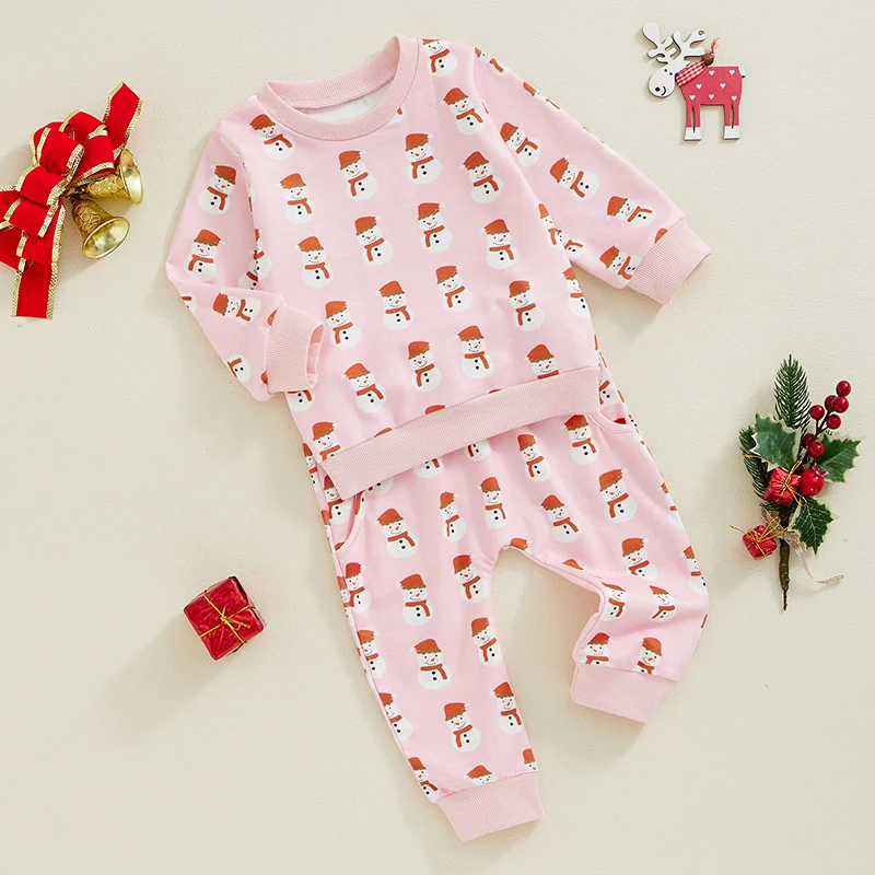 Baby Girl Christmas Outfit Snowman Print Pullover Sweatshirt Elastic Waist Pants 2 Piece Set for Winter Fall