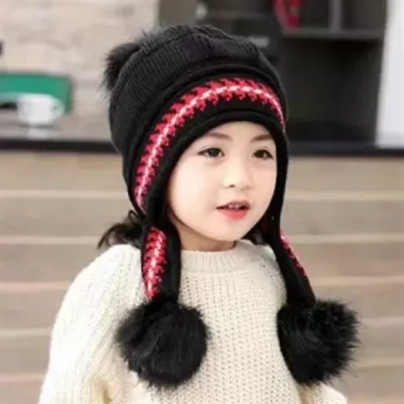 Children Hats Cute Girls Princess Hat Winter Velvet Warm Ear Protection Hats Woolen Hat Baby Knitted Hats Кепка Gorros Para Bebé