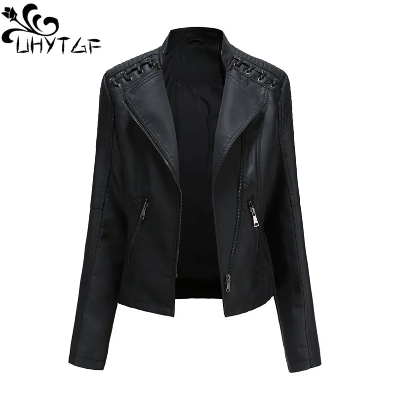 

UHYTGF Spring Autumn PU Leather Jacket Womens Long Sleeve Zipper Slim Biker Short Leather Coat Female Thin Outerwear Ladies 2653