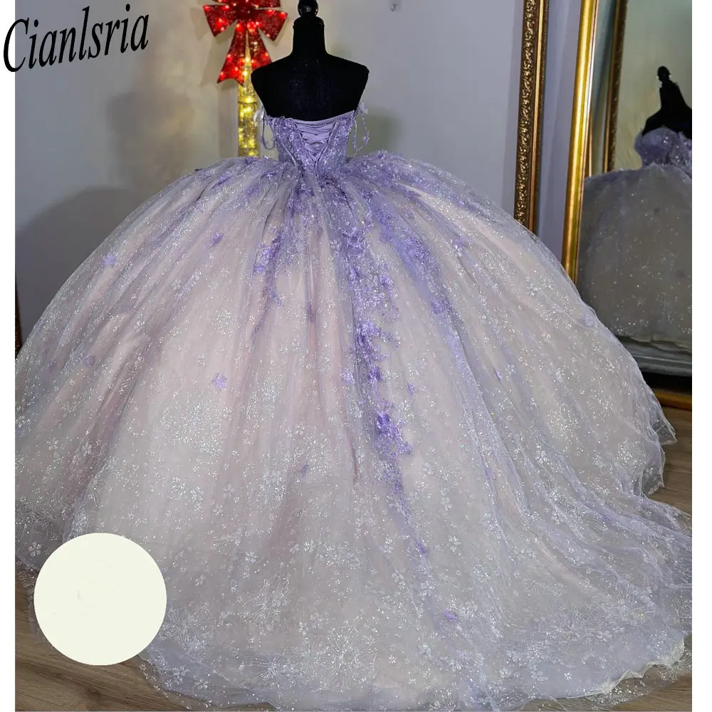 Vestido De baile De quinceañera lila con tirantes finos, vestido De quinceañera con capa, ilusión, apliques De lentejuelas, corsé, 15 Años